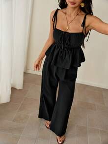 SHEIN PETITE Women's Summer Casual Solid Color Camisole Top Long Pants 2 Pieces Set Vacation Black - Black - View 6