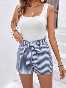 SHEIN Frenchy 女款素色方領背心上衣與條紋蝴蝶結短褲兩件套 - 彩色 - 查看 4