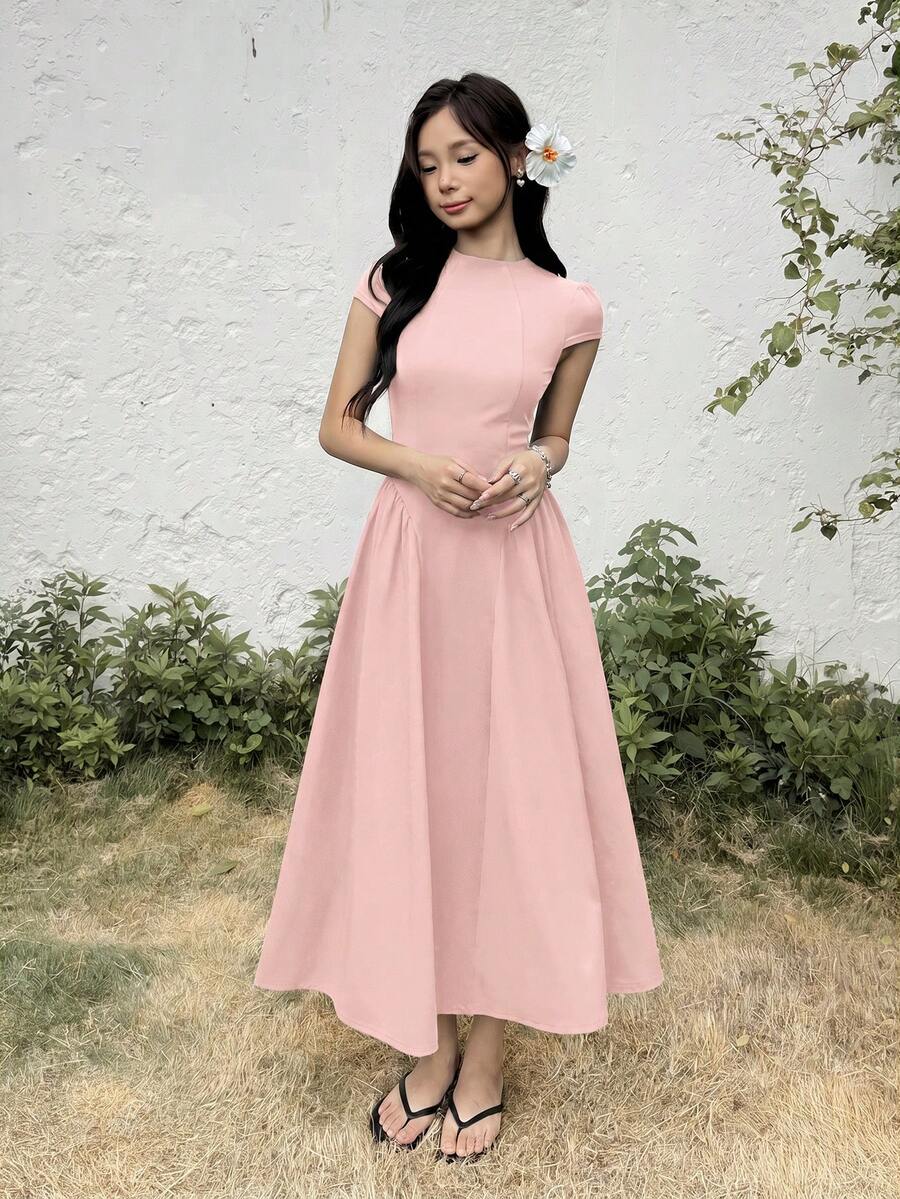 SHEIN Teen Girl Teen Girl Casual Minimalist Comfortable Cinched Waist Solid Color Long Dress - Pink - View 1