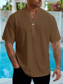 Genlund Kemeja Lengan Pendek Pria Ukuran Besar dengan Kerah Berlekuk, Warna Polos, Kasual Serbaguna untuk Pemakaian Sehari-hari, Cocok untuk Liburan. - Coklat - View 3
