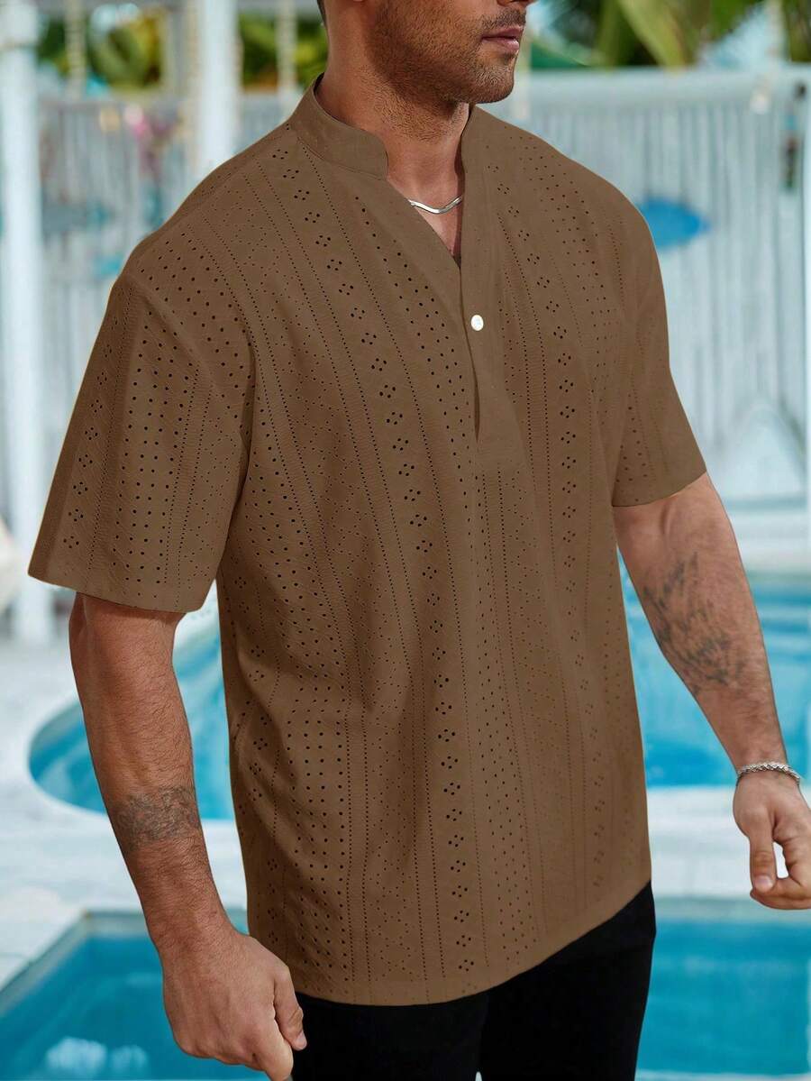 Genlund Kemeja Lengan Pendek Pria Ukuran Besar dengan Kerah Berlekuk, Warna Polos, Kasual Serbaguna untuk Pemakaian Sehari-hari, Cocok untuk Liburan. - Coklat - View 1