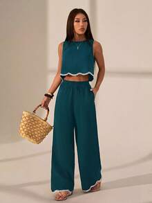 SHEIN PETITE 女款時尚度假休閒對比色蕾絲飾邊上衣與長褲兩件套，四季皆宜，適合嬌小女性 - 藍色 - 查看 4