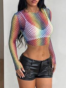 SHEIN ICON Pride Month Rainbow Mesh Tight Short Sleeve Sheer Women's Top - Violet Purple - View 5