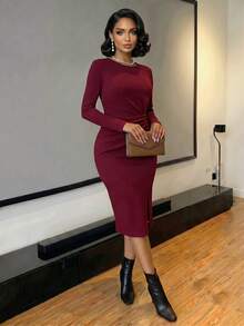 SHEIN Lady Burgundy Wine Red Ruched High Neck Long Sleeve Bodycon Midi Dress Front Slit Twist Stretchy Elegant Date Night Engagement Cocktail Fall Winter Dress - Burgundy - View 6