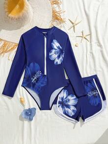 SHEIN 新款時尚青少年女孩拼接印花泳衣套裝 - 彩色 - 查看 1