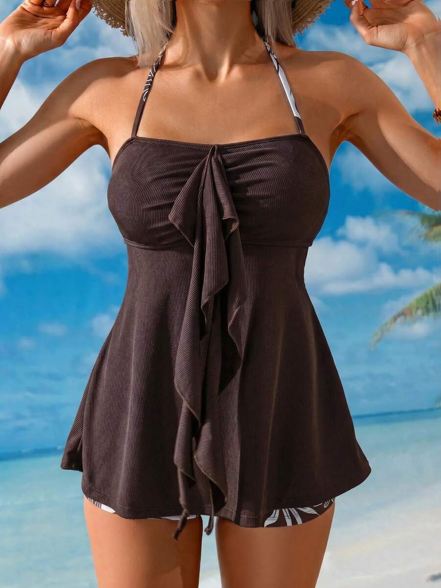 Swim Lushoire 女款波希米亞風度假熱帶印花分體式比基尼套裝 - 棕色 - 查看 1