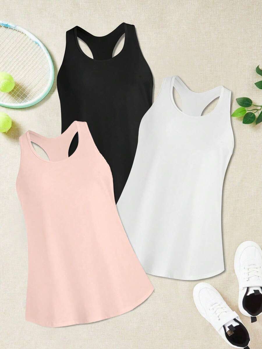 SHEIN Velisys Conjunto de 3 piezas de camiseta deportiva de tirantes con espalda de corredor de unicolor talla grande - Multicolor - Ver 1
