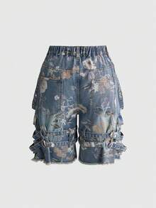 ROMWE Grunge Punk Plus Size Floral Print Denim Shorts - Blue - View 2