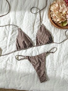 Swim Vcay 女款夏季海灘格紋掛脖綁帶性感比基尼三角褲兩件式泳衣套裝 - 彩色 - 查看 7