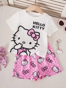 HELLO KITTY AND FRIENDS | SHEIN 女嬰圓領字母卡通印花短袖T恤與短褲休閒日常套裝 - 粉色 - 查看 2