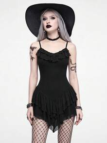 ROMWE Goth 女款網紗多層飄逸性感辣妹哥德風深色收腰彈性洋裝，春/夏 - 黑色 - 查看 1