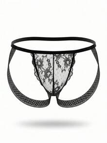 DrisQ DrisQ 1pc Men's Sexy Black Lace Trim Mid-Waist Backless Sexy Lace Patchwork Underwear - Black - View 6