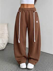 SHEIN PETITE 女款秋冬街頭風返校學院風休閒保暖舒適法式灰色彈性腰帶圓弧下擺寬腿運動長褲舒適灰色運動褲，小碼女款 - 摩卡棕 - 查看 7