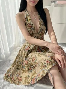 Sweetina Vintage Romantic Oil Painting Pattern V-Neck Flared Mini Dress Vacation Beige Summer - Apricot - View 1
