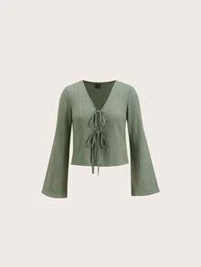 SHEIN LUNE 女款紋理百搭上衣，綠色與淺綠色；女款休閒素色V領喇叭袖前扭結襯衫；繫帶前休閒上衣 - 綠色 - 查看 6
