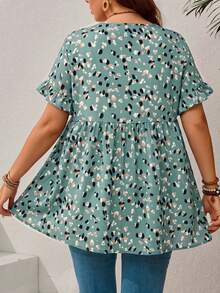 EMERY ROSE Plus Size Casual Resort Style Ruffled Sleeve Allover Print Shirt,Summer Outfits For Women/Summer,Tropical Vacation Woman Clothes - Green - View 2