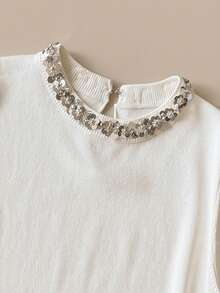 Muvela Women's Short Sleeve Round Neck Sequin Decorated Solid Color Knit Top Teachers' Day Brunch Office White Summer Elegant - White - View 3