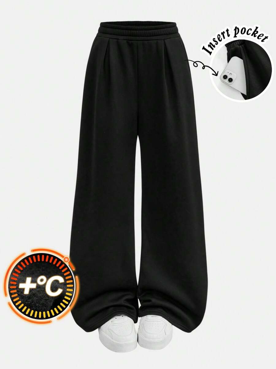Girlism Tween Girls Black Knitted Loose Casual Versatile Pockets Thermal Lined Wide Leg Sweatpants - Black - View 1