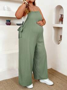 Plussiva Plus Size Maternity Square Neck Tie Strap Solid Color Jumpsuit - Green - View 1