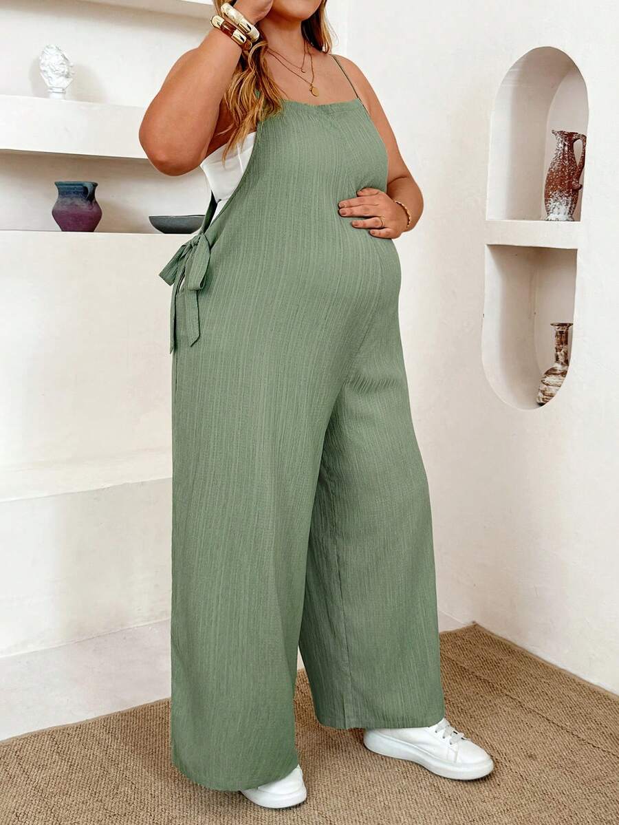 Plussiva Plus Size Maternity Square Neck Tie Strap Solid Color Jumpsuit - Green - View 1