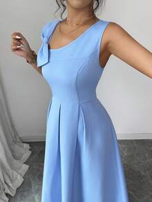 Elenzga Women's Fashion New Sleeveless V-Neck Big Bow Decor Zipper Knee-Length Elegant Dress, Suitable For Daily Wear, Date, Party, Back To School, Birthday, Valentine's Day, Graduation, Banquet - Blue - View 4