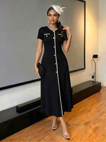 SHEIN Lady Black And White Contrast Trim Knit Jacquard Midi Dress Button Front Round Neck Short Sleeve Bodycon Office Work Dress Elegant Classy Summer - Black - View 4