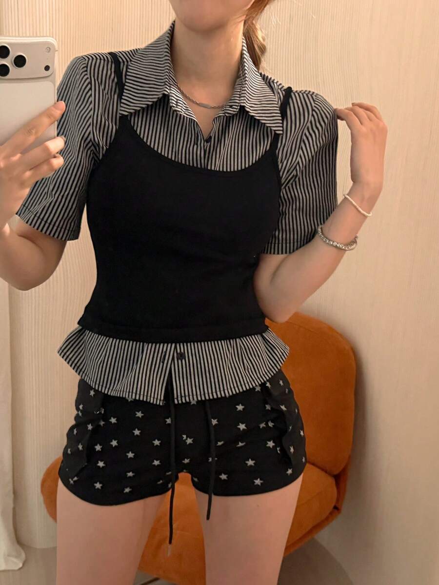 DAZY 女款層次感掛脖短袖T恤性感休閒波希米亞優雅高級法式復古修身2件套夏季校園黑色 - 黑色 - 查看 1