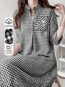 FRIFUL Women's Summer New Plaid Embroidery Print Pleated Loose Casual Versatile Long Dress Sundress - Black and White - View 1