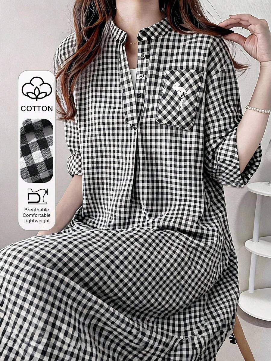 FRIFUL Women's Summer New Plaid Embroidery Print Pleated Loose Casual Versatile Long Dress Sundress - Black and White - View 1