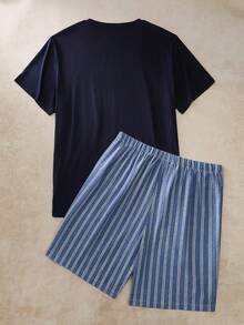EverLounge 男士基本款休閒灰色條紋圓領短袖T恤與短褲家居服套裝 - 藏蓝色 - 查看 2