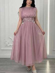 Feyla New Waist-Cinched Pleated Exquisite High-End Rhinestone Decorated Romantic Glamorous Banquet Formal Light Evening Dress Elegant Dusty Pink Summer - Dusty Pink - View 5