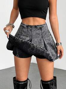 SHEIN PETITE Fashion Casual Women's Denim Pleated Mini Skirt Skort - Grey - View 1