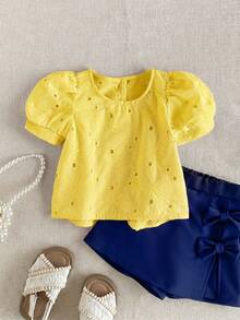 PrepCrw 1pc Young Girls' Elegant Embroidered Petal Sleeve Square Collar Blouse, Suitable For Outings, Gatherings, Festivals, Spring, Summer, Weddings - Yellow - View 1
