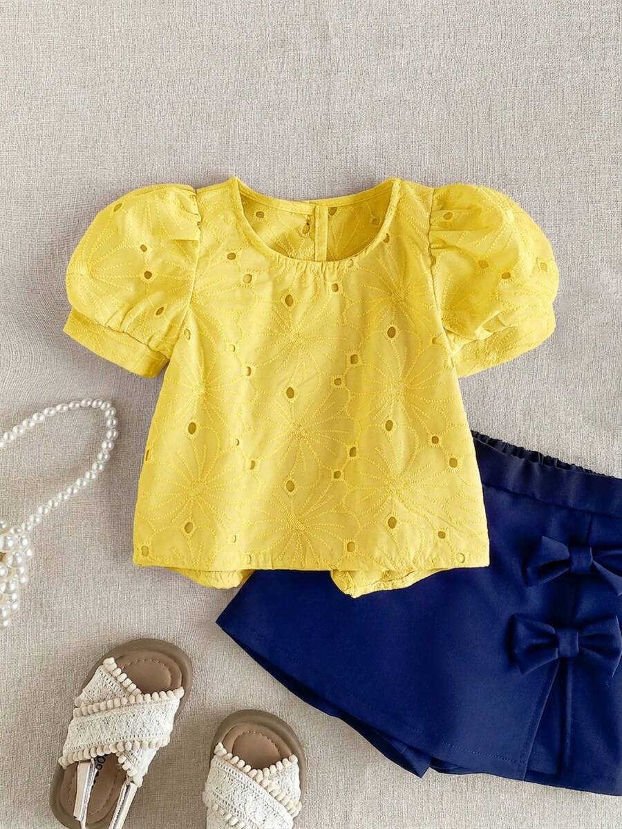 PrepCrw 1pc Young Girls' Elegant Embroidered Petal Sleeve Square Collar Blouse, Suitable For Outings, Gatherings, Festivals, Spring, Summer, Weddings - Yellow - View 1