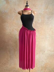 Mistrie Women's Long Colorblock Frill Trim Elegant Ribbon Dress - Hot Pink - View 4