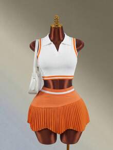 Amplova Women's Sleeveless Contrast Color Half-Zip Fitted Tennis Shirt, Summer Orange Seamless Polo Shirt Vest Old Money Sports - Orange - View 9
