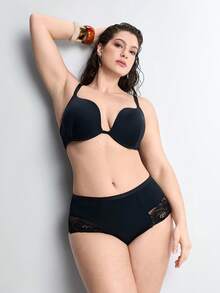 Slumbrini Plus Size Women Sexy Black Lingerie, Casual Comfortable Minimalist Racerback Bra, Deep V Sexy Knit Bra - Black - View 10