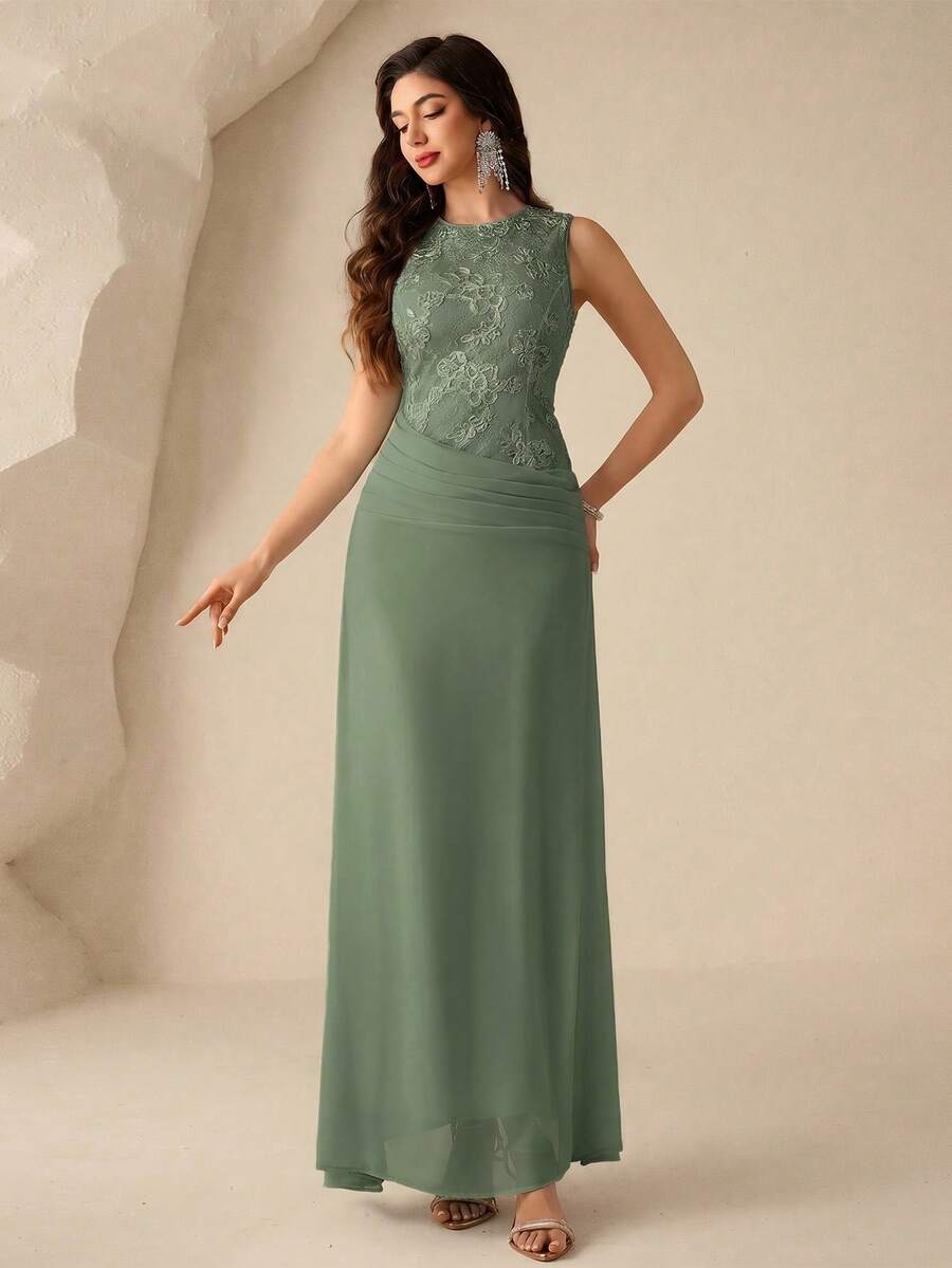 Coutiva 優雅刺繡細節修身長版晚禮服，適合正式場合 - 軍綠色 - 查看 1