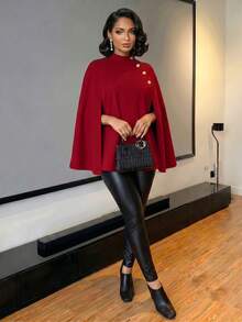 SHEIN Lady 女士休闲宽松斗篷式羊毛混纺大衣，简约商务秋冬女装 - 紅色 - 查看 8