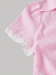 SHEIN MOD 大尺碼女款格紋單排扣休閒百搭日常短袖襯衫 - 淺粉色 - 查看 7