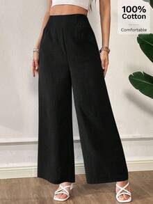 Siren Gaze Pantalones largos sueltos de cintura elástica de unicolor para mujer, adecuados para salidas diarias, reuniones, actividades al aire libre, desplazamientos, ropa de calle, vacaciones - Negro - Ver 2
