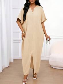 SHEIN Lady 秋冬工作绿色缺角蝙蝠袖杏色长袍连衣裙 - 杏色 - 查看 4