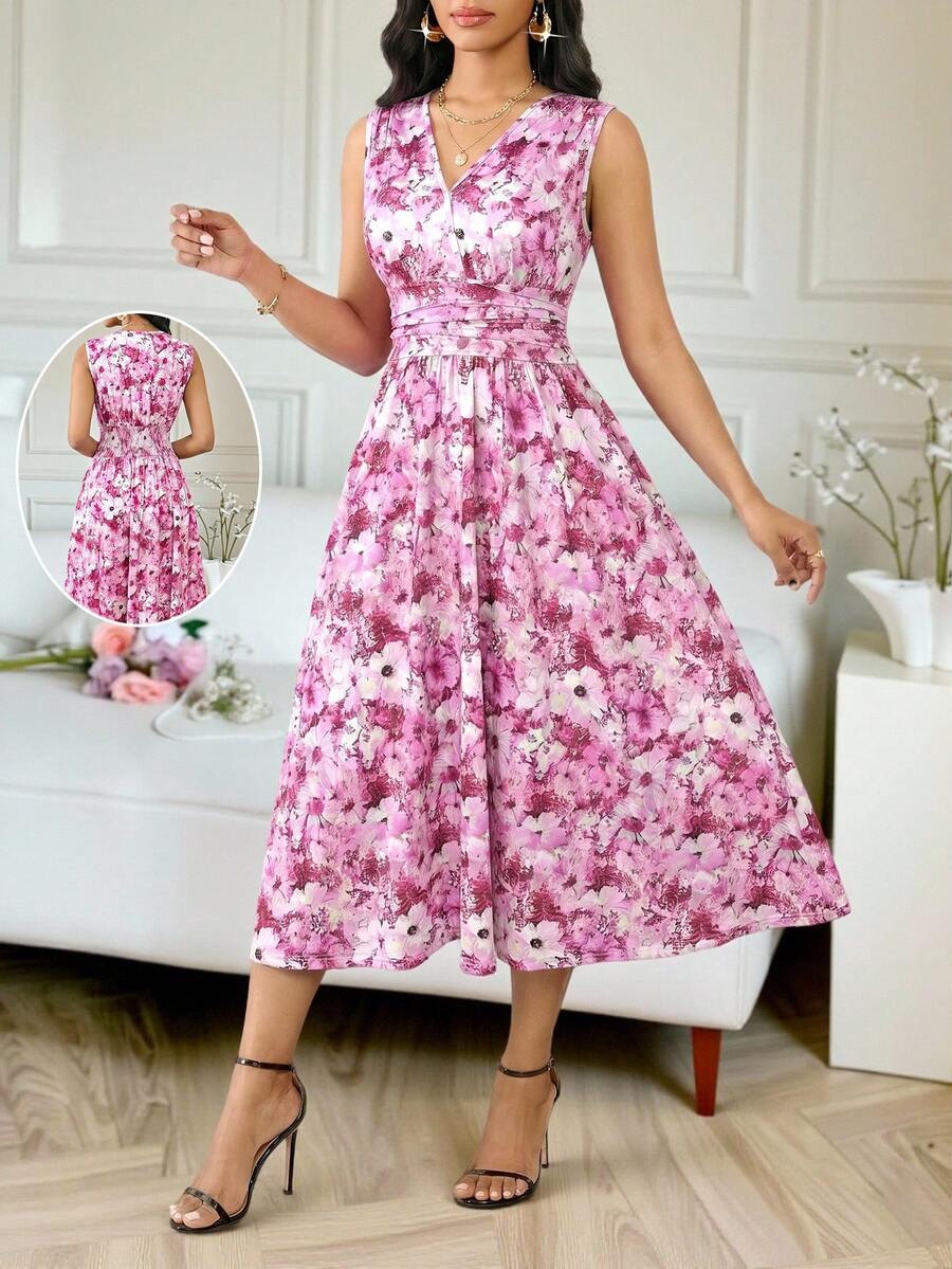 SHEIN Lady 四季皆宜的节日礼服/婚礼宾客/礼服/舞会礼服/金色/晚宴礼服/金色女士缎面提花前开衩连衣裙,休闲派对优雅 - 粉色 - 查看 1