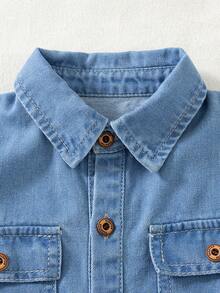 Genkimix Kids Boys' Denim Long Sleeve Shirt With Classic Collar And Dual Chest Pockets, Single-Breasted Front Closure, Adjustable Cuffs, Suitable For Autumn - Light Wash - View 4