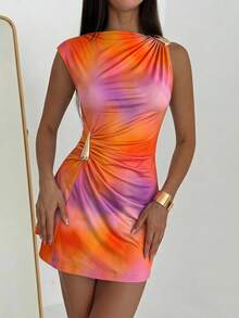 Aloruh New Vacation Style Orange And Pink Gradient Print Metal Decor Ruched Umbrella Hem Cap Sleeve Mini Dress French Club Summer Sexy - Orange - View 5