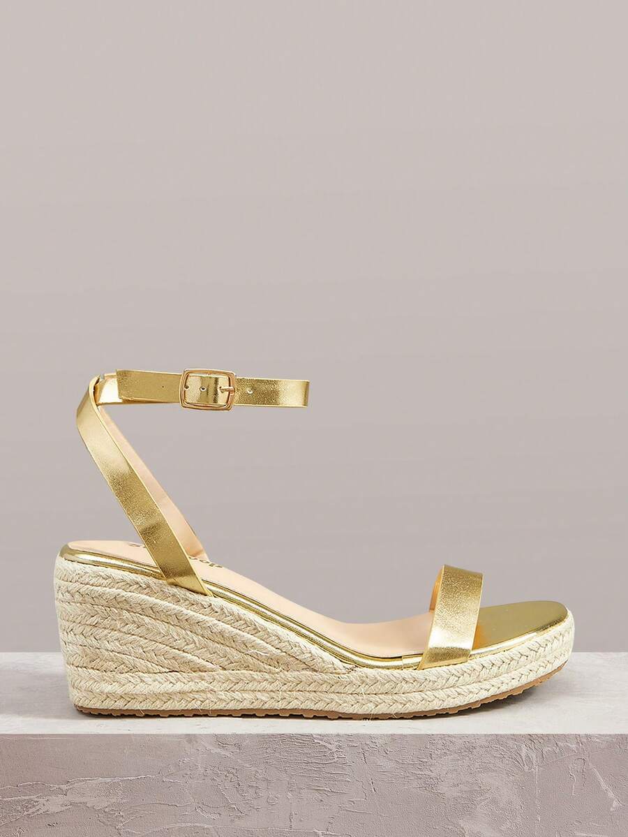 Styleloop 女款銅金色編織麻繩草編坡跟厚底涼鞋,增高度假波希米亞風鞋 - 金色 - 查看 1