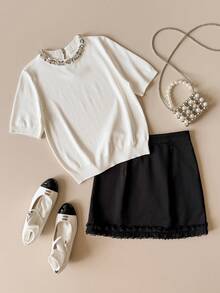 Muvela Women's Short Sleeve Round Neck Sequin Decorated Solid Color Knit Top Teachers' Day Brunch Office White Summer Elegant - White - View 6