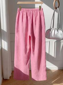 Comfortcana Women's Casual Solid Color Beaded Bow Decor Pants, Pink - Pink - View 2