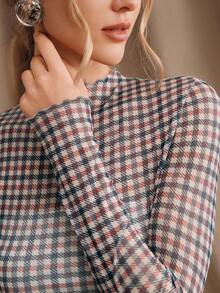 Anewsta Essential Women's Fashionable Retro Brown Plaid Slim Fit Lightweight Long Sleeve Summer Tops - Blue - View 4