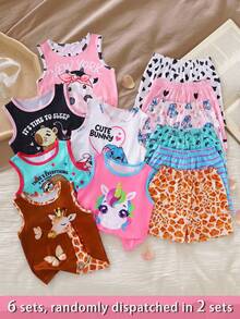 SHEIN [6pcs/2sets Randomly Young Girls Cartoon Print Short Sleeve Shorts Pajamas, Lightweight Summer Homewear, Suitable For Home, Outings And Various Occasions - Multicolor - View 3